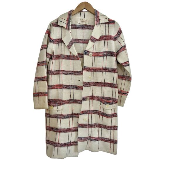 Vintage 70s Knit Fashion Plaid Long Cardigan Sweater Acrylic L Coastal Grandma - Picture 6 of 15